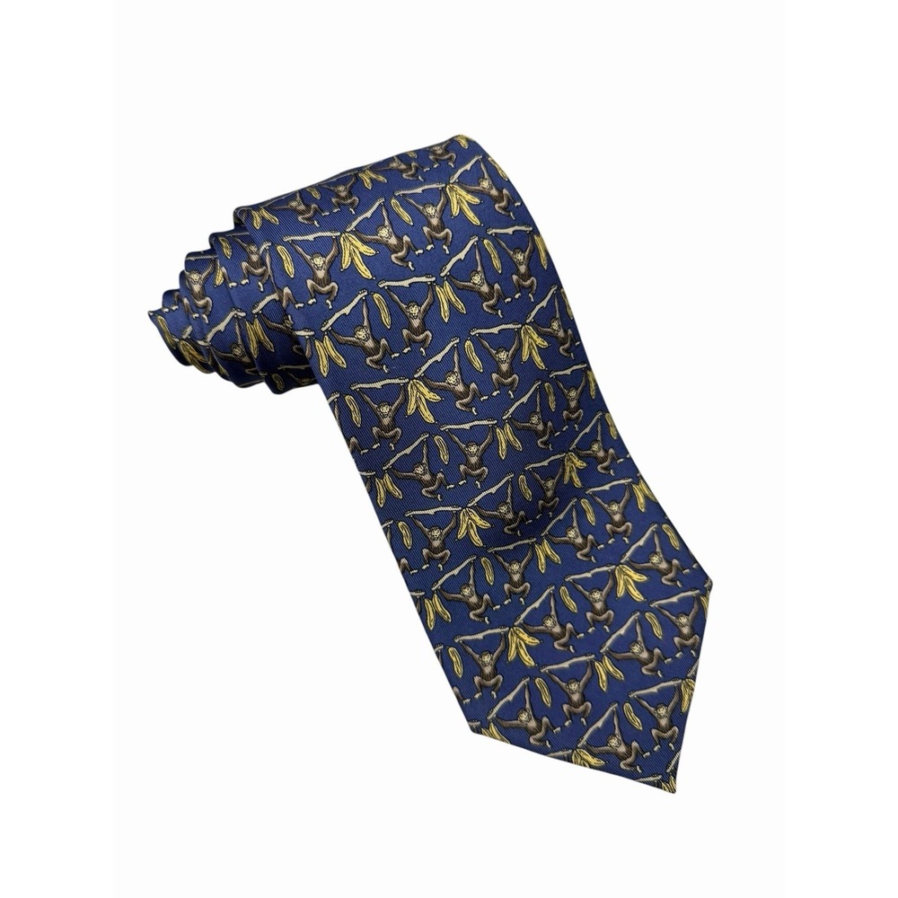 Hermes Men's Tie Jungle Monkeys & Bananas Blue Silk 7448 HA 3 5/8" (W) x 58" (L) - Picture 2 of 4
